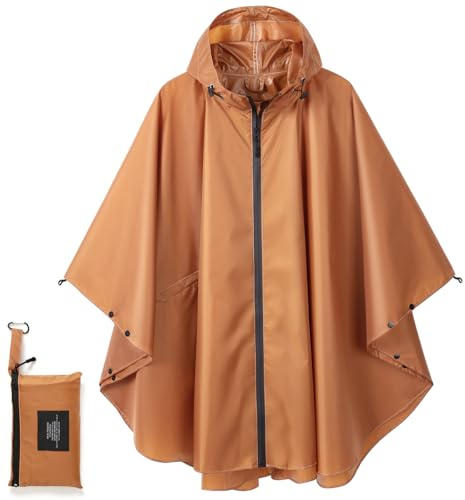 Royalotic Rain Poncho Reusable Adult Waterproof Hood Raincoat Packable Rain Jacket Zipper Rainwear Lightweight Cape with Pocket (brown)
