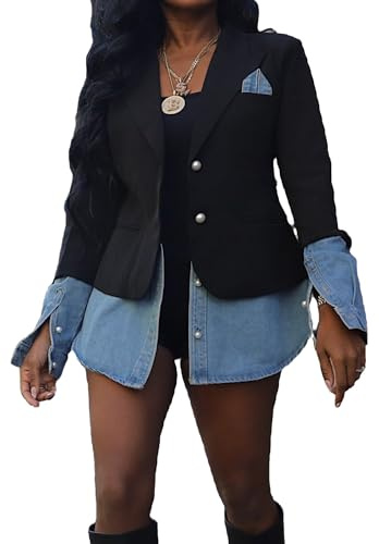 Vaceky Women's Denim Shirt-Tail Blazer Pearl Buttons Slit Jean Cuffs Business Jacket Black