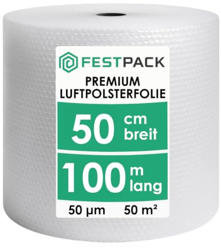 FESTPACK Luftpolsterfolie Rolle 50cm x 100m – Noppenfolie für Versand, Verpackung & Umzug 100% recycelbar, reißfest & nachhaltig – Bubble Wrap Polstermaterial Verpackungsmaterial Made in EU