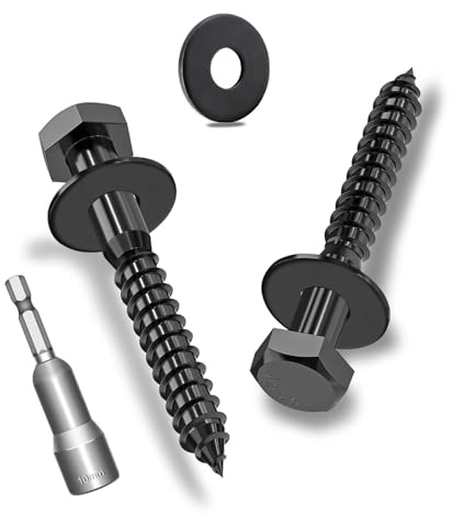 Ezitruz 15 tornillos hexagonales para madera M6 x 50 mm con arandelas, tornillos hexagonales, negro, acero inoxidable A2V2-DIN571, tornillo de llave con arandelas y llave de vaso