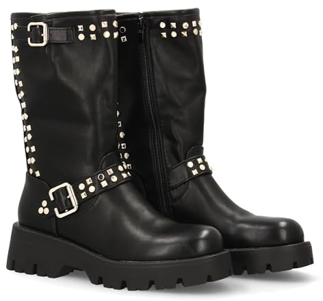shoes&blues.es 95691 Bota de Cana Media con Suela Dentada y Detalles de Tachuelas metalicas. Plataforma Comoda.Ideal para Otono Invierno. Negro Talla 38
