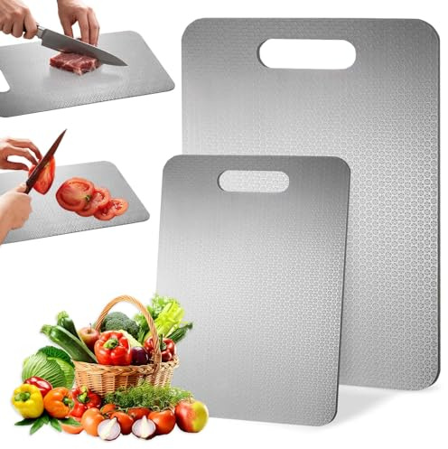 Rylae 2 Pièces Planche à Découper en Inox, Nouvelle Planche à Découper en Inox Multifonction, Planches à Decouper Double Face en 201 Inoxydable de Qualité Alimentaire, pour Garantir le Goût Original