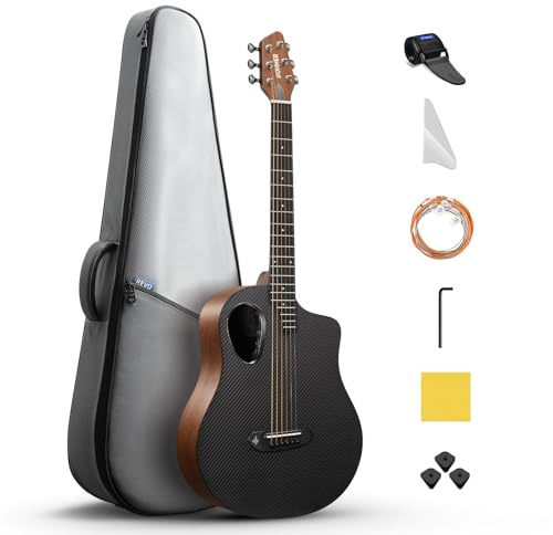 Donner Acoustic Electric Guitar Kit for Beginner Intermediate Adult with Built-in Pickups, Carbon Fiber Top, Wooden Bowl, 38 Inch, RISING-G2 (Brown)