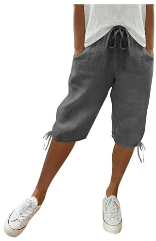 Pantalon court longueur genou pour femme - Short ample avec cordon de serrage - Décontracté - Couleur unie - En cuir synthétique - Noir - Velours, gris foncé, S