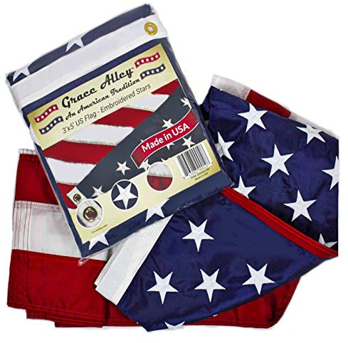 Grace Alley Bandiera americana: bandiera americana 100% Made in USA. Stelle ricamate, strisce cucite e occhielli in ottone. Resistente allo sbiadimento, resistente, in nylon di lunga durata per una