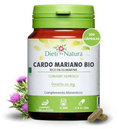 Cardo Mariano 200 Cápsulas (75% de Silimarina) de Dieti Natura - Cardio Mariano para Detox Depurativo Hígado y Colon - Favorece el Sistema Digestivo, Sin OMG (200 Cápsulas Bio)