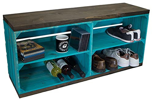 Kistenkolli Altes Land Schuhregal mit Sitzbank aus Obstkisten und massiven Holzplanken Schuhablage Schuhkommode Schuhbank (Sitzbank türkis mit schwarzen Planken)