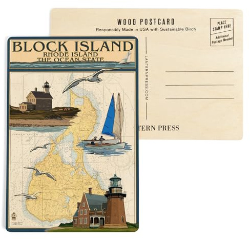Block Island, Rhode Island, Nautical Chart (4x6 Birch Wood Postcards, 2-Pack Stationary, Rustic Home Wall Decor)