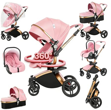 Prokoke PU-Leder Kinderwagen 3 in 1, Kinderwagen Set mit Verstellbarem Sitz 360° Drehung, Kombikinderwagen 3 in 1 Einem Klick Faltbar, Buggy Rahmen Aluminiumlegierung Kleinkind Neugeborene (906 Pink)