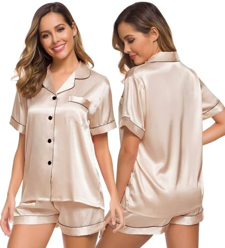 SWOMOG Pyjamas for Women Silk Satin Pyjama Bride Pjs Set Two Piece Pj Sets Button Down Sleepwear Loungewear Champagne