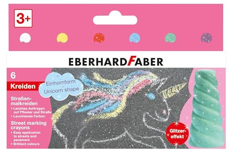Eberhard Faber 526560 - Straßenkreide Glitzer Einhorn, 6 leuchtende Farben Straßenmalkreide mit Glitzereffekt