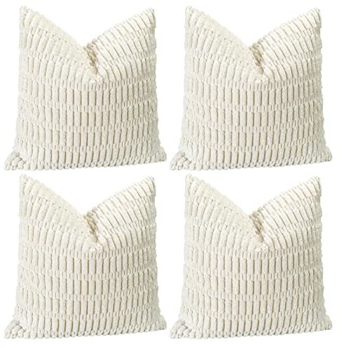 Sungeek 4er Set Kordsamt Kissenbezüge, Dekorativ Zierkissenbezüge Weich Kissenbezug Dekokissen Sofakissen Couchkissen Deko Bezug Kissenhülle für Sofa Schlafzimmer Wohnzimmer (Creme Weiß, 45x45 cm)