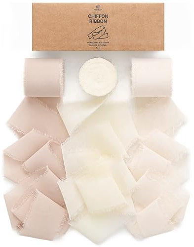 Vitalizart Chiffon Silky Ribbon 3 Rolls 1.5'' x 7 Yd Nude & White, 1.5'' x 21 Yd Ribbons Handmade Fringe for Wedding Invitations, Bridal Bouquets, Gift Wrapping, Holiday Decoration, DIY Crafts