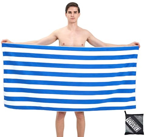 COSORO Grandes Serviette de Plage Microfibre avec Sac,160X90Cm Rayures Bleues de Drap de Plage,Séchage Rapide,Anti-Sable,Douces et Super Absorbante,Portable Légère,pour Piscine Vacances Yoga Camping