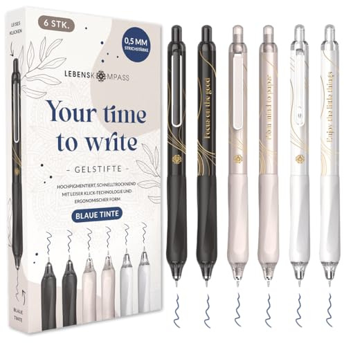 LEBENSKOMPASS® Gelstifte Set Blau mit Silent-Click-Technologie - Hochpigmentierte, Schnelltrocknende Gel Kugelschreiber - Dünne 0,5mm Strichstärke Gelschreiber - 6 Stück in 3 Designs