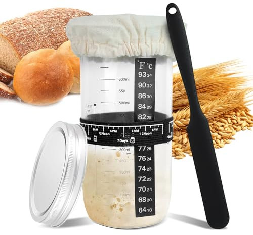 GEGNNS Kit de Démarrage au Levain, 680 ml Récipient à Levure Mère, Pour Pain avec Bande D'alimentation Marquée par La Date Raclette, Couvercle en Métal, Couvercle en Tissu