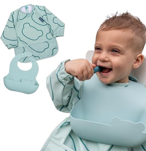 TUM TUM Coffret Bavoirs 2 en 1 GRIS - 1 Bavoir silicone + 1 Bavoir tablier (BLEU)