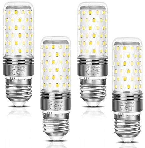 4 Pezzi Luci LED a Pannocchia Da 16W, Lampadine LED E27 Con Attacco a Vite, Bianco Freddo 6000K, Non Dimmerabile, AC 185-265V, Luci a Basso Consumo Energetico per Scantinati, Bagni, Cortili, Capannoni