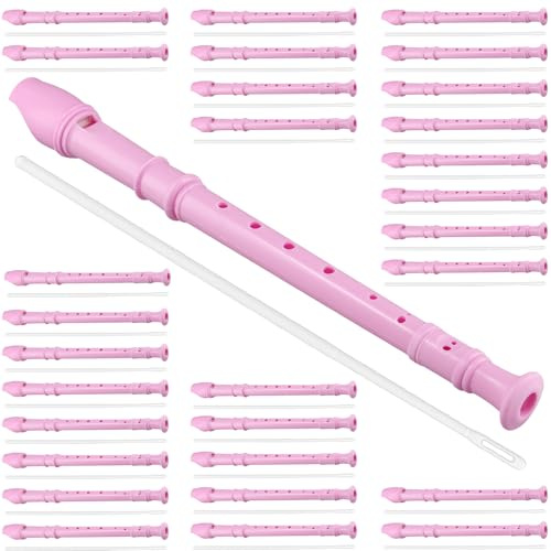 SEHOI 30 Pack 8 Hole Soprano Recorder Descent Flute, German Musical Recorders Instruments with Cleaning Rod, Pink Flutes for Beginners, Student Practice, School Concert