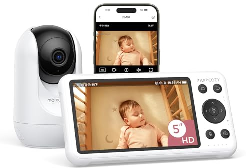 Momcozy Smart WiFi Baby Monitor with Camera and Audio, 5 1080P Screen with Wall Mount, Motion & Cry Detection, Safe Fence,Clear Night Vision, 5000mAh Battery, 2-Way Talk, Photo & Video Recording,BM04