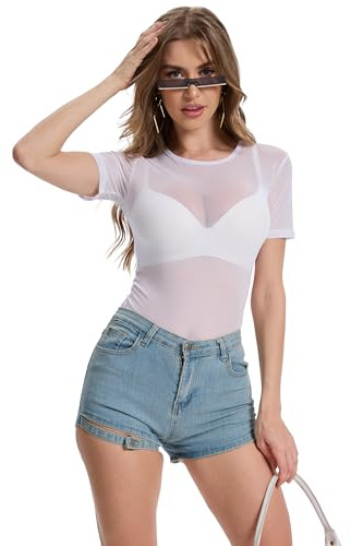 tanzdunsje Maglietta Trasparente Donna, Sexy Maglie in Rete da Donna- a Maniche Corte, Top in Rete da Festa, Maglia Nera Trasparente con Scollo Rotondo(IT, Testo, XS, Regular, Regular, Bianco)