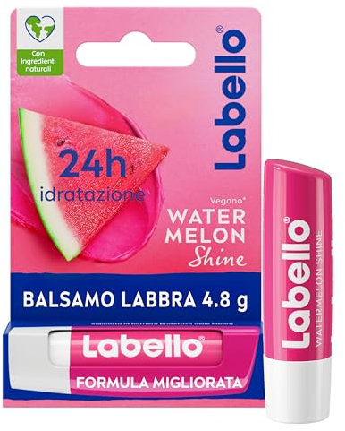 Labello Watermelon Shine Burrocacao labbra 4.8 g, Balsamo labbra colorato e nutriente all'aroma di Anguria con pigmenti scintillanti, Lip balm idratante per 24 ore con ingredienti di origine naturale