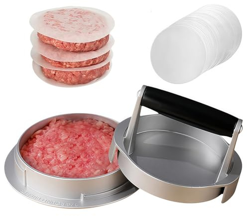 Ymoryiyi Burgerpresse 14cm mit 100 Silikonpapiere, Aluminium Hamburgerpresse 3-stufig verstellbar für 1/4, 1/3, 1/2 lb Patties, Antihaft & Holzgriff