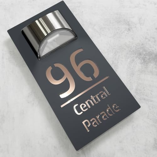 House Numbers Plaques With Solar Light House Numbers Door Signs Personalised Door Number For Wall Name Outside (Grey and Mirror Rose Gold)
