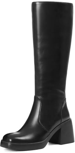 Kniehohe Stiefel für Damen, Kunstleder, Plateau, klobiger quadratischer Zehenbereich, seitlicher Reißverschluss, weite Wade, lange hohe Stiefel für Damen, Schwarz, 39 EU
