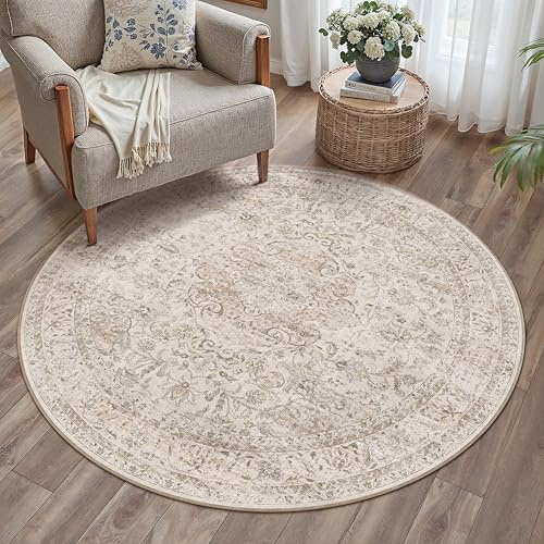 HUGEAR Vintage Beige Alfombra Redonda 120cm Antideslizante Lavables en Lavadora Alfombras Redondas Salon Habitacion Pie de Cama Salón Comedor Pelo Corto Tapetes