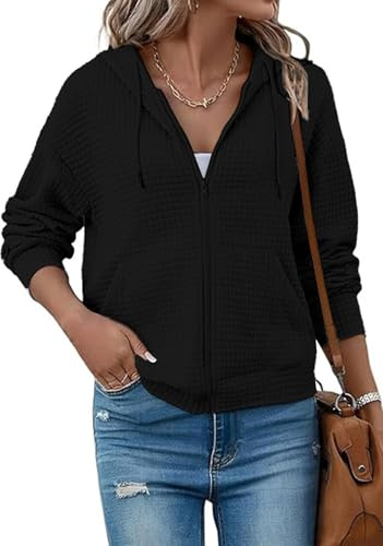 EIRUKON Sweat a Capuche Femme Zippé Hoodie Veste Sport à Gaufre Chaud Sweatshirt Casual Automne Hiver Manteau avec Poches,Noir,L