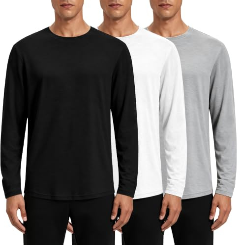 Hioutdoor Lot de 3 t-shirts à manches longues en coton pour homme, col rond, basique, à manches longues, idéal pour le travail, les loisirs, le sport, en coton