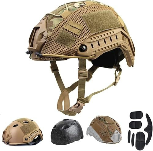 Tactical Airsoft Paintball Fast Helmet + Helmet Cover，PJ Type Tactical Multifunctional Protective NVG Mount For Outdoor Sports Hunting Shooting (Black)