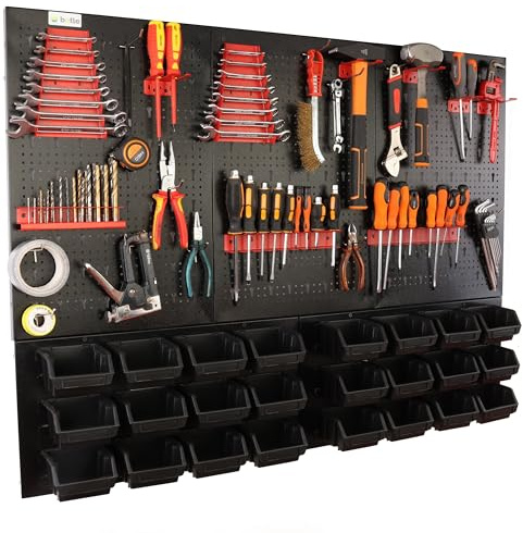 botle Panneau à outils mural perforé en métal, boîtes empilables + étagère murale + porte-outils, lot de 51 pièces, pour petites pièces, atelier mural avec 24 récipients empilables noirs, étagère