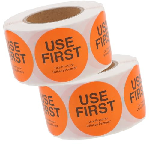 HOOWIFFY Etiquetas de Inventario Adhesivas Usar Primero para Restaurante, 2 Rollos de 500 Pegatinas Naranjas 38x38 Mm, Etiquetas para Control de Stock y Almacenamiento en Cocina