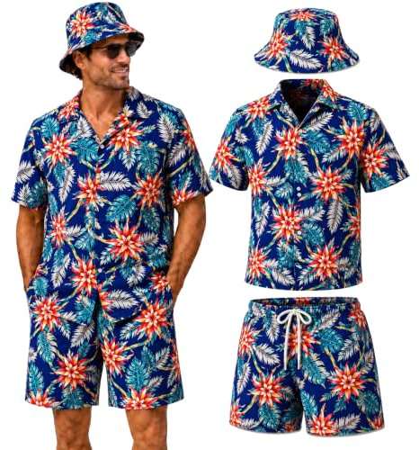 ZHIVEMEi Hawaii skjorta herr set med shorts & hatt, Hawaii-outfit män Hawaii-skjorta festival män Mallorca party kostym sommar, Blå röd, XXL