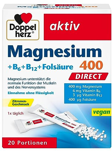 Doppelherz Magnesium 400 + B6 + B12 + Folsäure DIRECT - Magnesium unterstützt die normale Funktion der Muskeln und des Nervensystems - 20 vegane Portionen