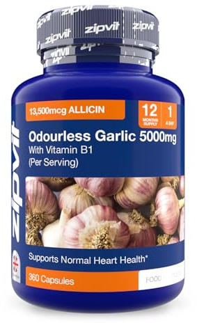 Zipvit Odourless Garlic Capsules 5000mg with Vitamin B1, Supports Heart Health, 10mg 500:1 Garlic Extract, 360 Capsules, 12 Months Supply,