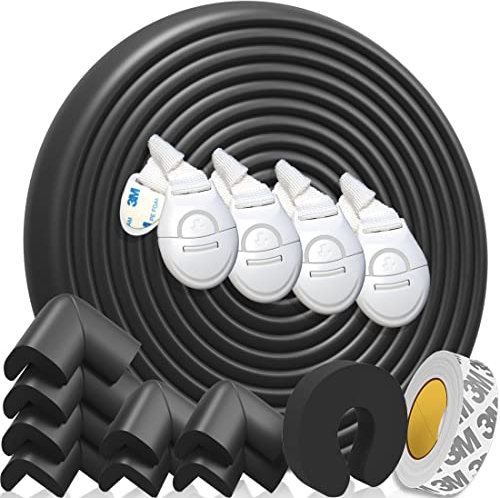 HAPPY CHLEA ® Protection d'Angles et Rebords pour Bébés. Couverture Totale de 6,4 M avec Protège-Angles et 8 Protège Coin. 1 Bloque-Porte et 4 Bloque-Tiroirs. Kit Mousse de Sécurité Meubles Enfants