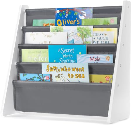 LIVIVO Colorful Kids Bookshelf - 4 Tier Children's Bookcase, Magazine and Book Storage Rack, Wooden Sling Book Organizer, Book Shelf for Kids Room, Bedroom, Nursery, Playroom (Grey)