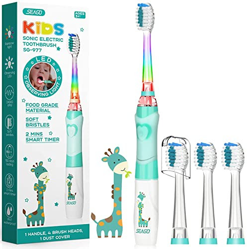 Seago Kids Electric Toothbrush 3-5-6-12 Toddler Childrens Toothbrushes with Timer,Colorful Rainbow LED Light and 4 Heads for Junior Boys Girls Battery-Powered Sonic Tooth Brush SG977 (Green)