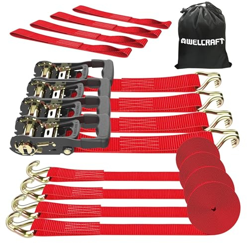 AWELCRAFT Ratchet Straps Heavy Duty 4 Pack,4500lbs Breaking Strength,1.5in×15ft Tie Down Ratcheting Strap with Padded Handles, Double J Hooks & Soft Loops for Motorcycle,Trailer & Trucks (Red)