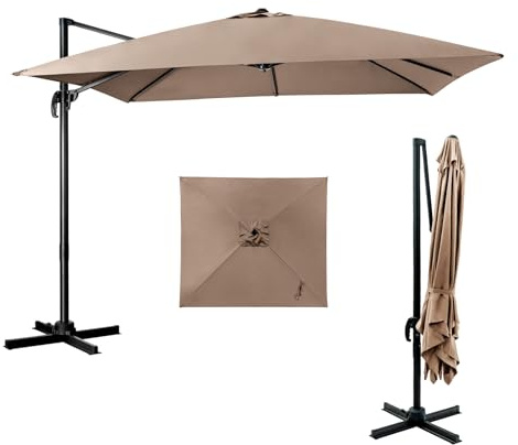 COSTWAY Parasol de Jardin Extérieur, Parasol Déporté Carré 3x3M à Manivelle, Inclinable et Rotation à 360°, 8 Baleines, Toit Double Ventilation Protection UV, pour Terrasse, Patio, Balcon, Marron