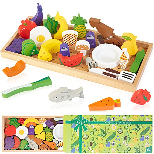 HELLOWOOD Wooden Kitchen Jigsaw Puzzles for Kids 3-6, 29PCS Play Food Fruits Utensils Blocks with Sketched Board, Montessori Learning Toys for Toddlers Age 3+, Birthday Gift Set for Boys & Girls