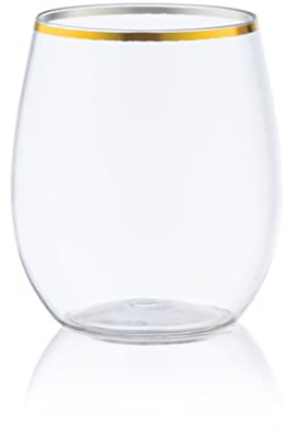 Decorline genomskinliga vinglas i plast, 355 ml, set med 24, BPA-fria, idealiska för rött vin och vitt vin, cocktail, vatten – klar med guldkant