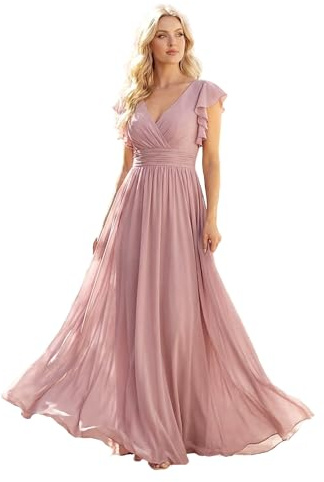 Ever-Pretty Women's Spring Summer Bridesmaid Dress Flowy Chiffon A Line Short Sleeve Back Cutout Formal Dresses Dusty Rose US12