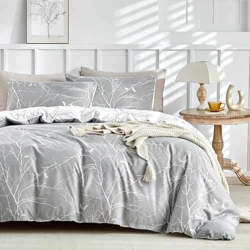 Tokokimo Housse de Couette 220x240 avec 2 Taies d'oreiller 65x65 cm - Motif de Branche Réversible - Parure de lit 220x240 Adulte - 100% Microfibre Parure Couette avec Fermetures éclair, Gris Blanc