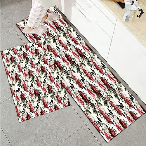 Küchenläufer Küchenmatte 2 Stück 45x70cm+45x120cm,Shabby Chic, Landhausstil Blumen Blumen Rosen Aquarell Bildkunst, Crem,Rutschfest Pflegeleicht, Anti-Müdigkeit Küchenteppich Teppich Läufer für Küche