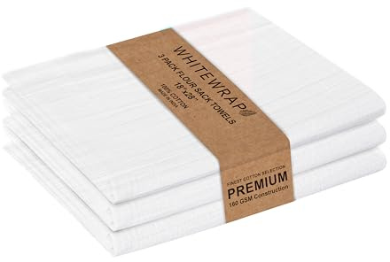WHITEWRAP Flour Sack Towels 18x28 – 100% Cotton (Pack of 3), Reusable Kitchen Tea Towels for Baking, Crafts, Embroidery Ideas