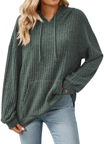 Gemulate Autumn Womens Clothes Slim Fit Sweater,Long Sleeve Plus Size Tops Casual Loose Hooded Jumpers Plain Sweater Sweatshirts Dark Green XX-Large